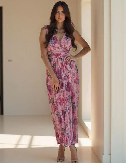 Maxivestido dama R&M Richards gasa plisado floral