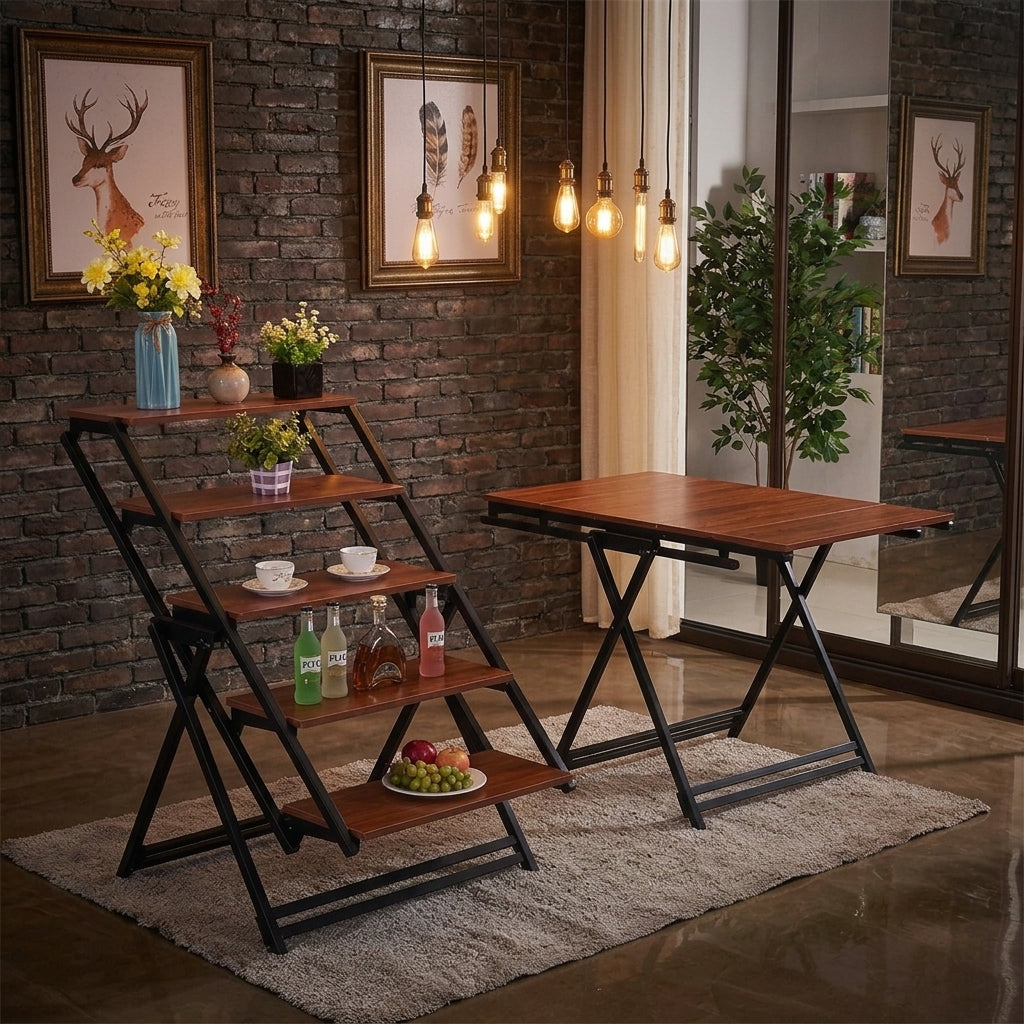 Mesa y Estantanteria Plegable madera Metal Multifunción