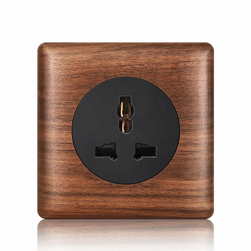Placa de Interruptor y Toma de Luz LED Estilo Victoriano con Palanca de Madera Antigua y Brillo Nocturno. Doble Módulo, Estándar EU.