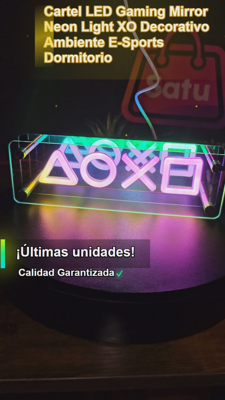 Cartel LED Gaming Mirror Neon Light XO Decorativo Ambiente E-Sports Dormitorio