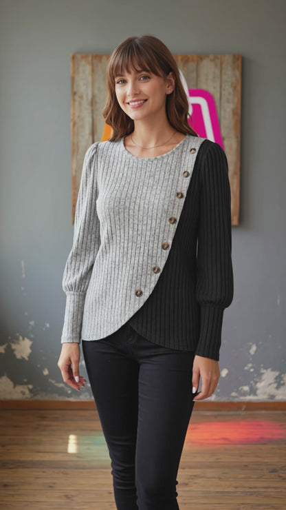 Suéter SM Mujer Cuello Redondo Rayas Botones