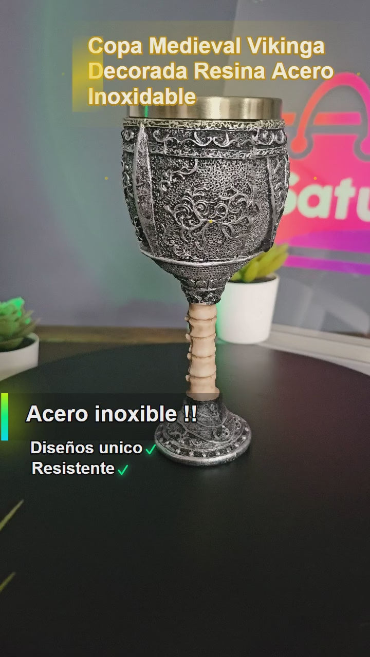 Copa Medieval Vikinga Decorada Resina Acero Inoxidable
