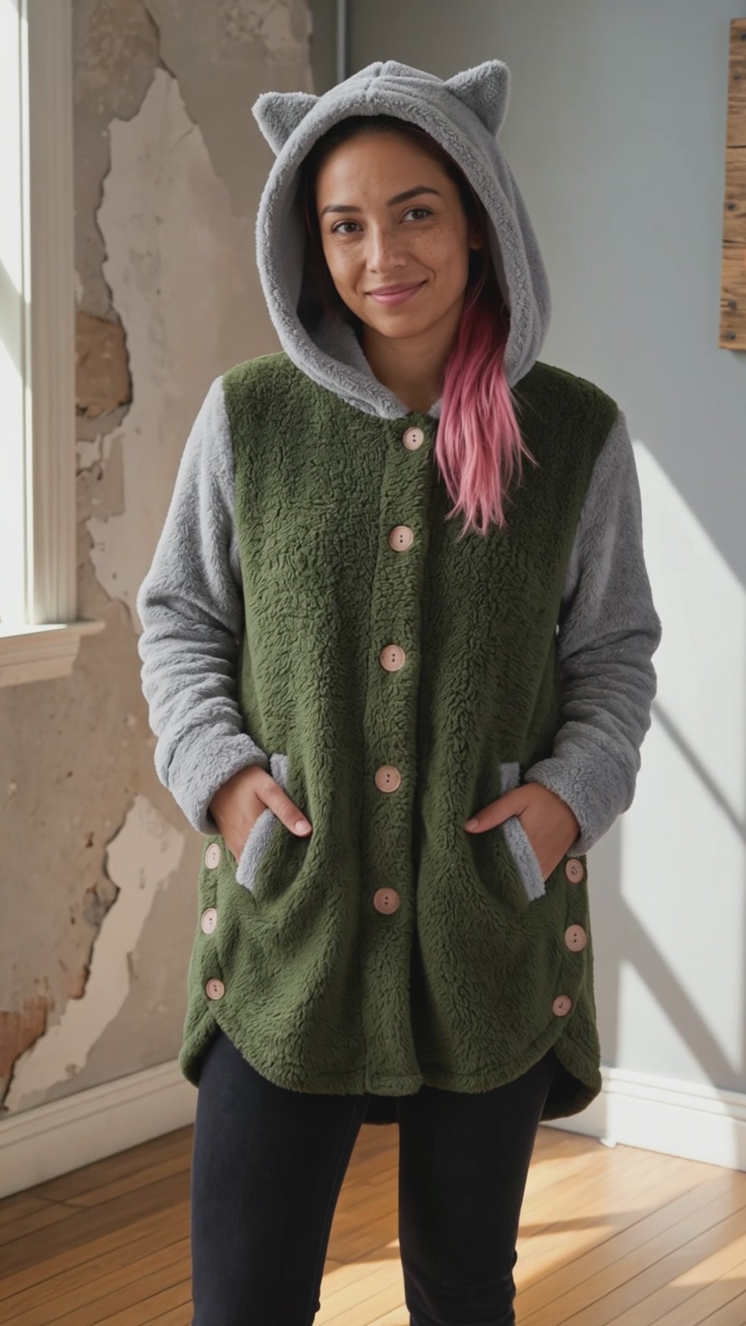 Campera Liviana Mujer Buzo Gato Capucha Polar