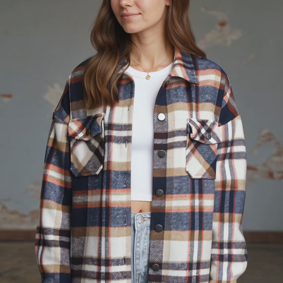 Camisa Manga Larga Dama Over Size Tartan Beige