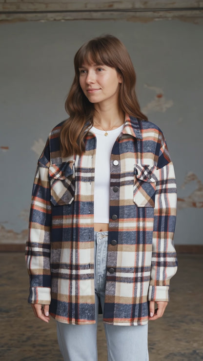 Camisa Manga Larga Dama Over Size Tartan Beige