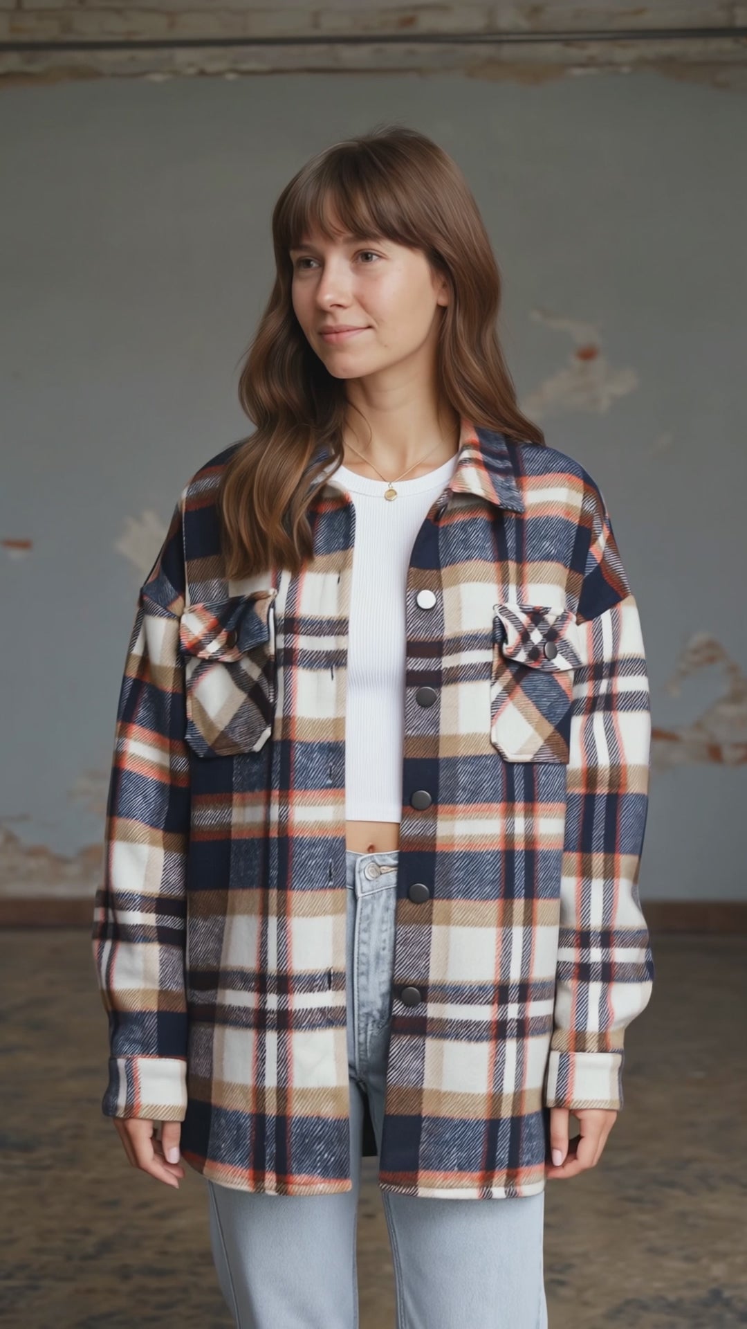 Camisa Manga Larga Dama Over Size Tartan Beige