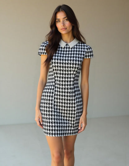 Vestido dama City Studio Midi cuello con perlas