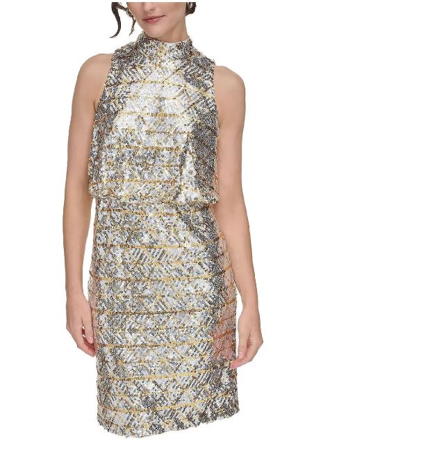 Vestido dama midi Eliza F lentejuelas plata y dorado