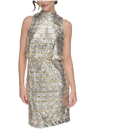 Vestido dama midi Eliza F lentejuelas plata y dorado